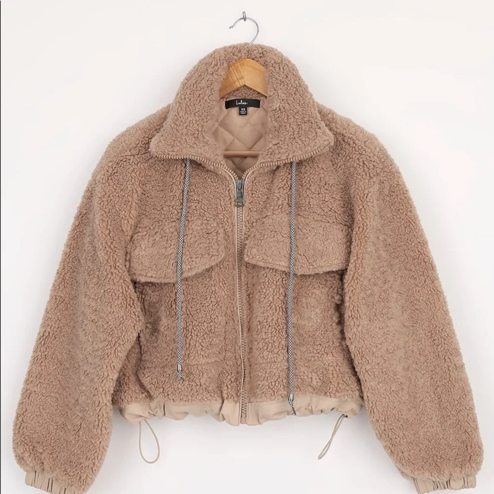 Taupe Faux Fur Drawstring Jacket - Picture 4 of 7